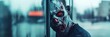 © olga_demina - Creepy undead creature with glowing red eyes peering through shattered glass in a deserted city, evoking themes of horror and survival within a post apocalyptic landscape