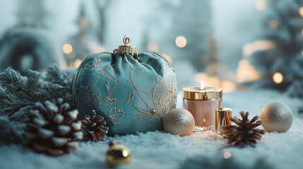 Poster - A festive christmas scene with a blue ornament, pinecones, and a candle on a snowy surface