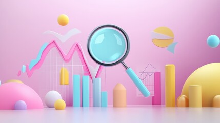 Poster - Organic SEO search concept with magnifying glass upward graph and search bar pastel colors symbolizing growth illustration