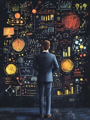 Poster - business person standing against the blackboard with a lot of data written on it illustration
