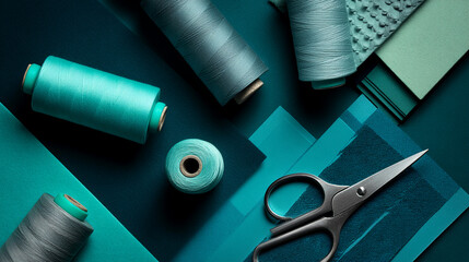 Aufkleber - Teal and dark teal thread spools, fabric swatches, and scissors on a dark teal background Showcase of textile materials, ideal for fashion, design, or craft projects