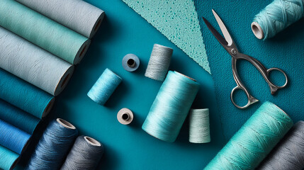 Aufkleber - Overhead view of teal and gray thread spools, fabric swatches, and scissors on a teal background, showcasing a sewing or crafting concept