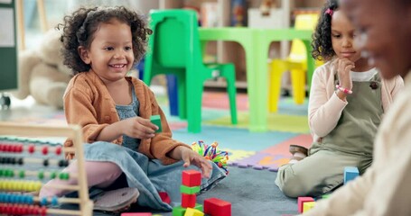 Poster - Kid, student and play with blocks in class for learning, problem solving and creative activity. Children, laugh and building fail with education game, puzzle solution and motor growth in kindergarten