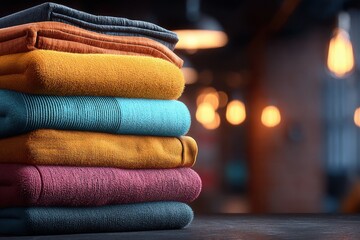 Poster - a neatly stacked pile of colorful folded towels, arranged on a dark wooden surface, with warm, blurr