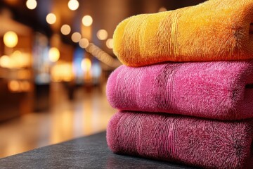 Poster - stack of soft and fluffy folded towels in vibrant colors against a blurred background, creating a se
