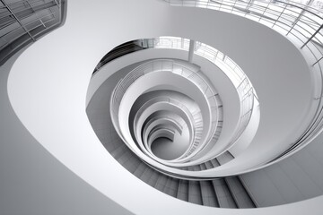 Poster - A mesmerizing view of a white spiral staircase with light coming through the windows, showing a complex architectural structure with smooth curves and minimalistic style.