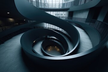 Poster - An elegant and complex architectural design of a spiral staircase within a modern building, showcasing a unique perspective with clean lines and muted blue tones.