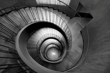 Poster - A captivating monochrome photograph showcasing a winding spiral staircase from an overhead perspective, revealing its architectural design and geometric patterns with intricate railing.