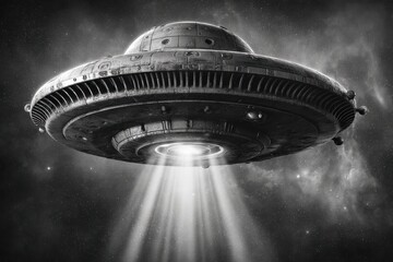 Aufkleber - A monochrome image of an old spaceship flying in the sky, radiating bright light, with stars and clouds visible in the background creating a mysterious atmosphere.