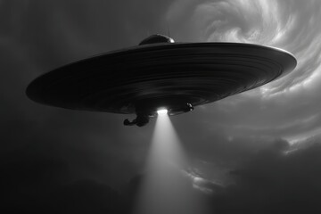 Aufkleber - A dramatic, high-contrast black and white image of an unidentified flying object with a bright light beam, set against a sky full of swirling dark storm clouds.