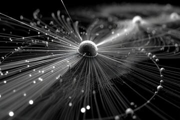 Poster - A mesmerizing abstract representation of data streams emanating from a central node, creating a sense of interconnectedness and information flow in shades of gray.