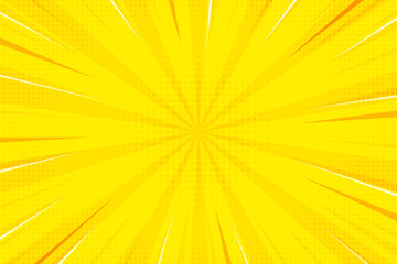 Poster - comic background with yellow pop cartoon pattern. ray burst vector sunlight with retro halftone effe