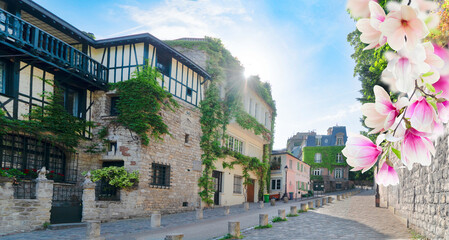 Wall Mural - view of historical street in quarter montmartre in paris, france. cozy cityscape of paris with sacre