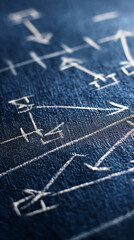 Poster - Close-up of dark blue textured surface with white arrow markings, suggesting a directional or process flow, symbolizing movement, strategy, or planning, suitable for business or technology concepts