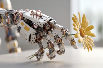Poster - A robotic hand delicately holds a vibrant yellow flower, creating a contrast between technology and nature, illustrating the fusion of artificial intelligence and life.