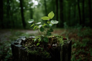 Poster - A vibrant new seedling grows from a mossy stump in a serene, lush forest, a symbol of hope and renewal, illuminated by soft light amidst the dark green undergrowth.