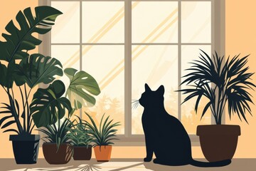 Leinwandbilder - Cozy indoor atmosphere with silhouette of a cat by a window adorned with lush plants and soft pastel light during a tranquil morning