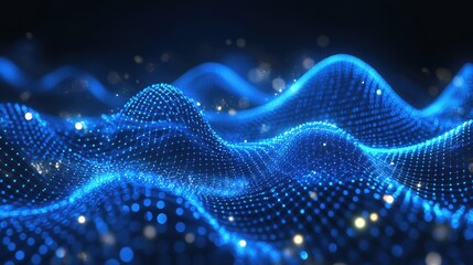 Poster - abstract background with blue glowing neon lines and bokeh lights. Data transfer concept. Digital wallpaper, AI Generative illustration