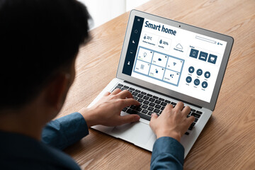 Smart home technology, centric remote control system with digital dashboard for air conditioning, safety security network or house automation. App software, ui panel programming IOT monitor snugly
