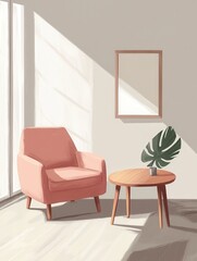 Poster - Pink armchair and wooden table on empty wall in simple living room interior illustration