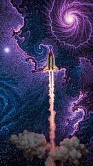 Wall Mural - A rocket launches into a vibrant, swirling galaxy. Captured from a low angle, this video-style image blends space exploration with cosmic art. Live mobile wallpaper.