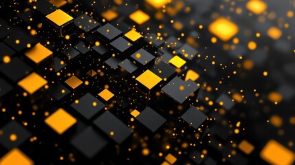 Poster - Abstract tech background with little yellow squares. Dark black grey business backdrop. Black Friday. Crypto currency style. HUD modern banner. Luxury diamond design. Geometric blockchain illustratio