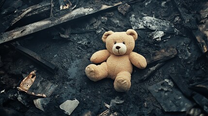 Poster - Lost teddy bear sitting among the ashes in the charred remains of a house after a devastating fire, capturing the poignant feelings of loss and tragedy in the aftermath of destruction