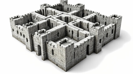 Wall Mural - 3d render of a castle with a labyrinthine layout and hidden passages, on isolated white background. 