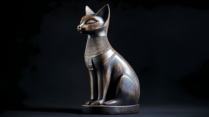 Wall Mural - Bastet statue. egyptian cat goddess in wood. isolated black background. ancient sculpture. Heavenforged Relic. Illustration