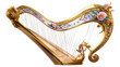 © PNG King - Gold harp with floral designs on a clear background