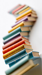 Poster - Stack of colorful books forming a curved line against white background, symbolizing knowledge, education, and literature, perfect for educational or library concepts