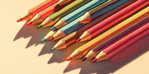 Aufkleber - Close-up of colorful pencils arranged diagonally, showcasing textured surface and vibrant hues.  Represents creativity, art supplies, and drawing. Free space for text