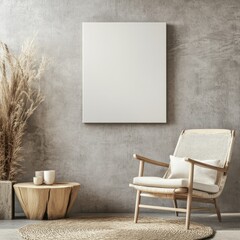 Poster - Canvas mockup in minimalist interior background with armchair and rustic decor.Front view. 3d rendering