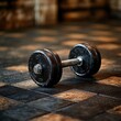 © MariArtiPaint - Close-Up of a Heavy Iron Dumbbell on Gym Floor – High Detail, Soft Lighting, Subtle Shadows