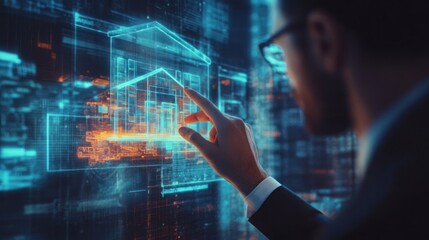 A businessman touching a virtual screen displaying a hologram of a house, symbolizing real estate investment in the digital era.