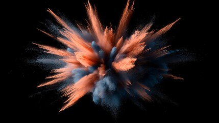 Poster - A vibrant explosion of orange and blue powder against a stark black background creating a dynamic effect