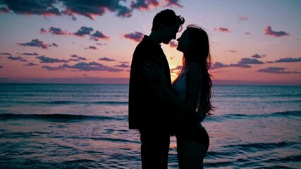 silhouetted couple embracing at sunset on a beach, captured in a wide-angle shot. romantic video sce