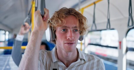 Poster - man, headphones and listen with music in bus for travel, audio streaming or commute in city. student
