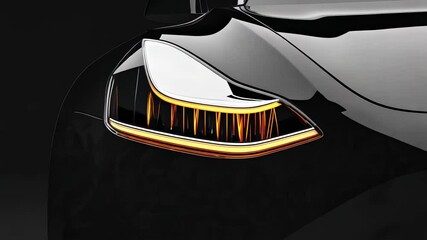 Aufkleber - Stylish headlights of a black electric car gradually illuminate, showcasing their intricate design and modern technology against a dark background