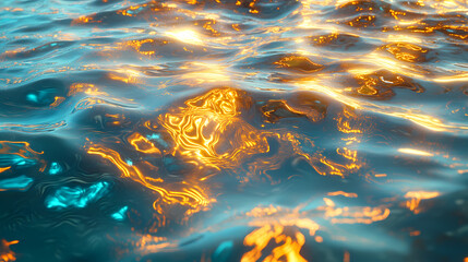 Wall Mural - shimmering liquid metal with golden and turquoise highlights, abstract and fluid surface, rippling r