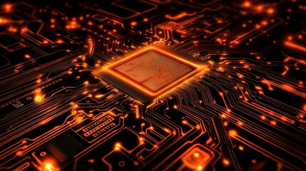 Poster - Glowing orange cpu chip on a dark circuit board with illuminated pathways and connections visible all around