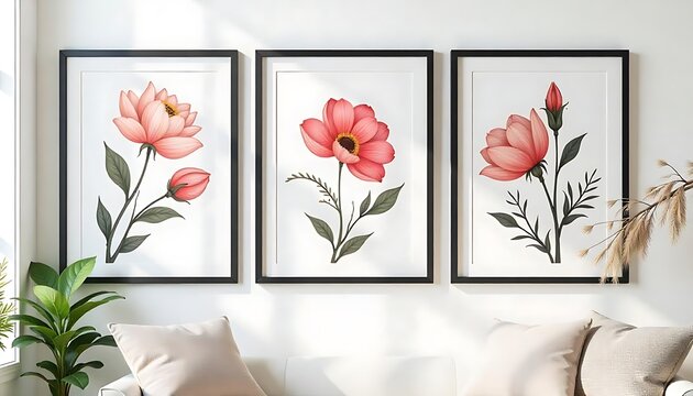 set of three framed elegant floral posters in style paper cut. and posters have big black border frames on the wall created with generative ai.	
