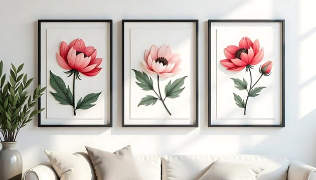set of three framed elegant floral posters in style paper cut. and posters have big black border frames on the wall created with generative ai.	
