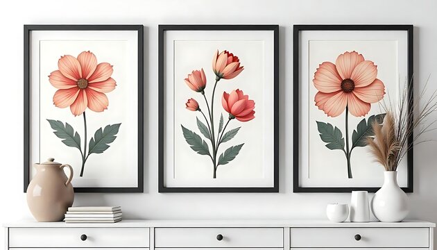 set of three framed elegant floral posters in style paper cut. and posters have big black border frames on the wall created with generative ai.	
