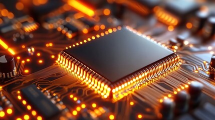 Poster - Close up of a computer chip with orange lights and intricate circuit board design visible around it