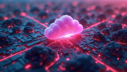 Poster - 3D illustration of big data cloud storage concept. Pink cloud in center on technological background with lights. Cyberspace, information storage, digital data, business, online servers, database.