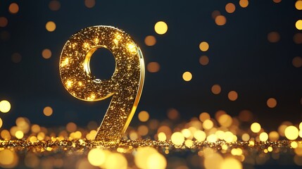 Poster - Golden sparkling number nine with bokeh lights on a dark background for celebrations and anniversaries