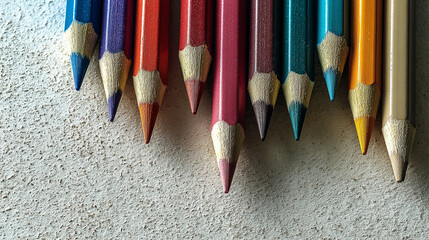 Aufkleber - Close-up of colored pencils arranged in a row, showcasing their sharpened tips and vibrant hues against a textured background Free space below for text or logo