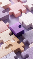 Poster - Close-up of pastel-colored wooden puzzle pieces, one purple piece stands out, symbolizing uniqueness, solution, or completion, ideal for business or problem-solving concepts