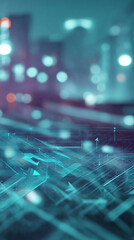Poster - Abstract teal graphic design with blurred city lights background, showcasing a digital, technological concept, ideal for modern presentations or website banners